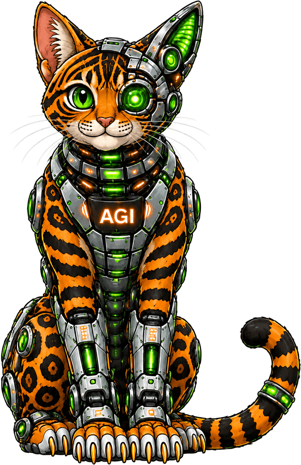 AGI, the $AGI cyborg cat mascot, sitting