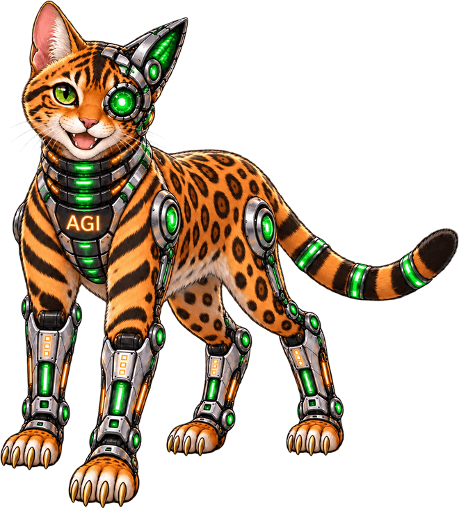 AGI, the $AGI cyborg cat mascot, smiling